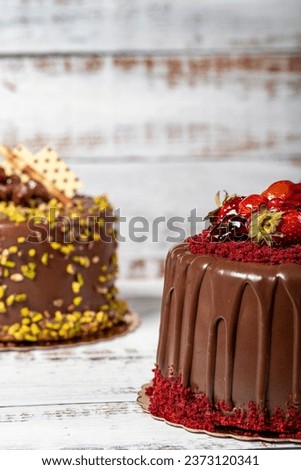 Varieties of chocolate cake. Various birthday cakes on wooden background. patisserie products
