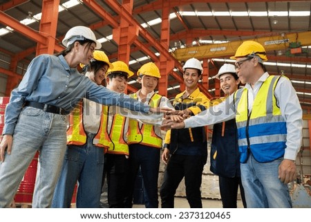 Group of teamwork person holding hands strength collaboration concept. Business partnership success together team. Group of engineer people wear safety hardhat unity friendship, circle connection.
