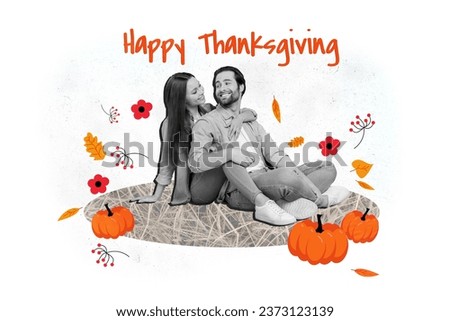 Creative abstract template graphics collage image of happy smiling couple hugging celebrating thanks day isolated white color background