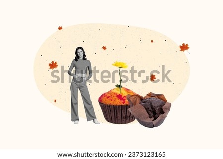 Poster collage image of adorable cheerful girl cook huge sweet tasty cupcake isolated on drawing background