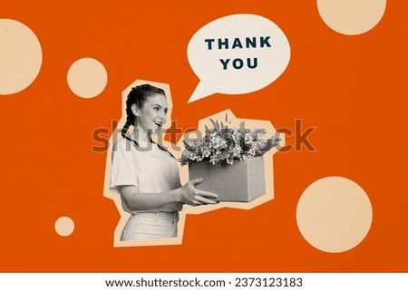 Collage picture image of cheerful cute girl giving gift congratulations and saying thank you isolated on drawing background