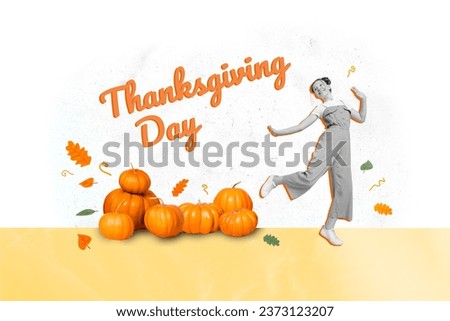 Picture collage postcard of cheerful positive girl celebrating thanksgiving day isolated on drawing background