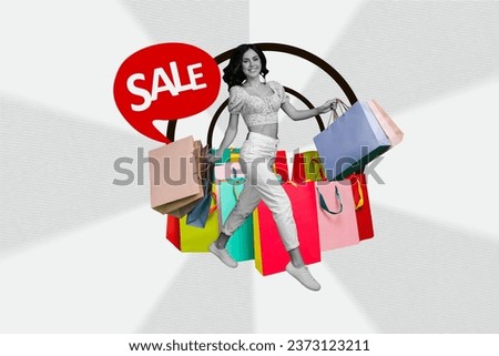 Full body collage of running with bargains cheap bags eco recyclable packages shopping addiction girl sale day isolated on gray background