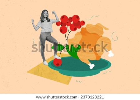 Collage picture postcard of cheerful happy girl preparing huge delicious baked turkey isolated on painted background