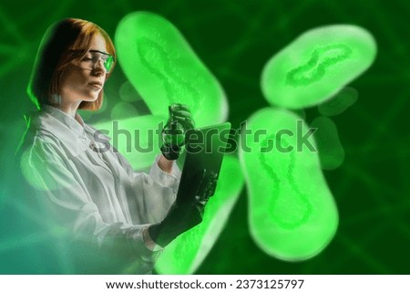 Woman virologist. Scientist with test tube and tablet computer. Girl doctor in white coat. Virus molecules behind woman. Science bacteriology. Virology laboratory employee. Woman virologist thought Royalty-Free Stock Photo #2373125797