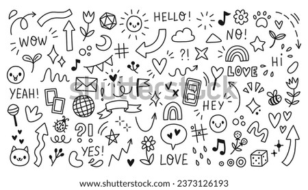 Doodle cute pen line elements set. Doodle heart, arrow, star, sparkle decoration symbol set icon. Simple sketch line