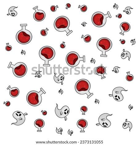 Halloween orange festive seamless pattern. Endless backgrounds with pumpkins, skulls, bats, spiders, ghosts, bones, candy, spider webs and speech bubbles with boos