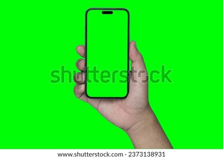 iphone 15 for green screen, Hand holding smart phone Mockup and screen Transparent, Clipping Path isolated for Infographic Business web site design app, green screen
