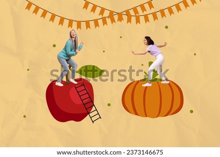 Artwork collage picture of cheerful crazy carefree girls dancing together on huge seasonal fruit beige drawing background