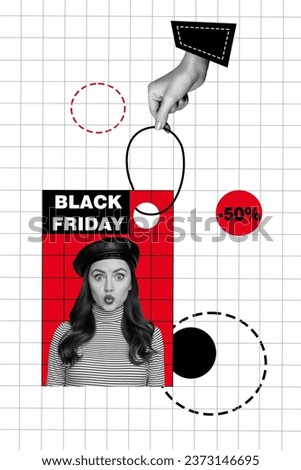 Banner sketch collage of monochrome photo young girlfriend french hat air kiss coupon purchase save half price isolated on plaid background