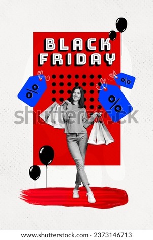 Vertical collage of young woman satisfied monochrome style lady hold shop bags black friday store sale event isolated on red background