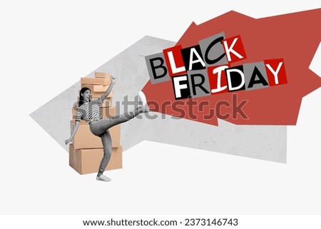 Cardboards collage walking huge steps girl black friday proposition fast express delivery online purchase app isolated on white background