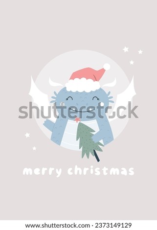 Christmas holiday illustration with adorable dragon in a santa hat. Seasonal print with cute character
