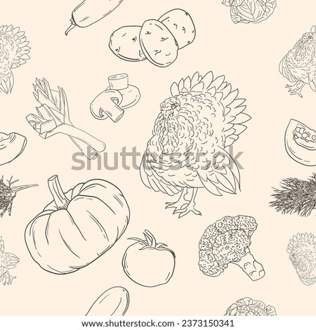 Seamless Thanksgiving pattern with various elements, turkey, pumpkin and vegetables