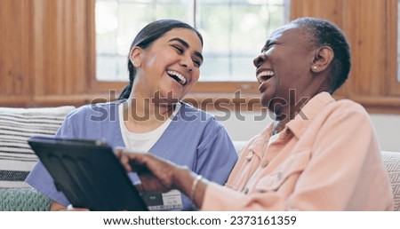 Happy woman, doctor and tablet in elderly care or laughing for funny joke, social media or meme on sofa at home. Female person, nurse or medical caregiver smile with technology for fun entertainment Royalty-Free Stock Photo #2373161359