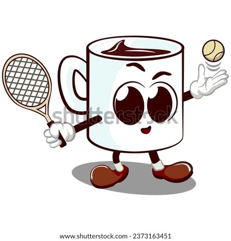 vector mascot character of a cute mug playing tennis with a racket and ball