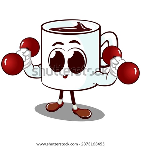 vector mascot character of a cute mug with big arms doing a workout lifting a barbell