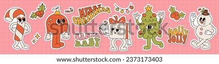 Groovy hippie Christmas retro cartoon characters stickers set. Candy cane, Christmas tree, gift box, Xmas tree and snowman in trendy 70s hippie style. Sticker pack of comic mascots with text. vector