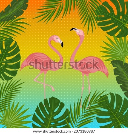 Two flamingos, pink birds with long legs and necks. Border and background with tropical plants, palm tree leaves. Clipping mask applied.
