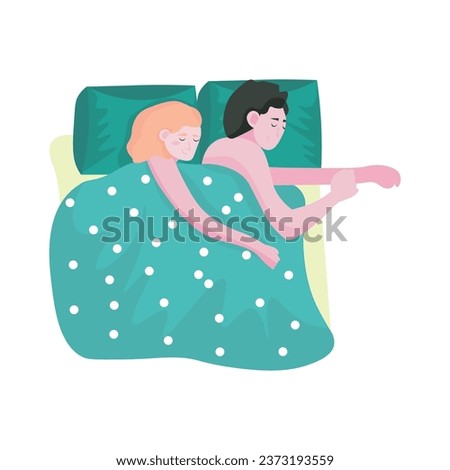 Couple sleeping in bed on white background, top view