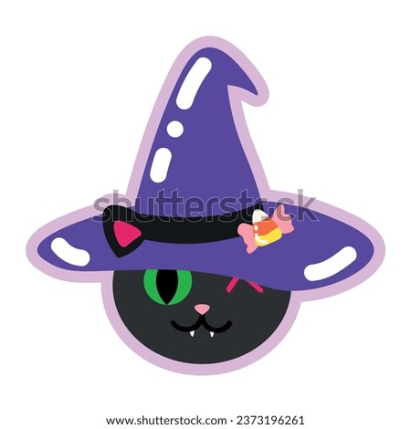 Cute cat in witch's hat on white background