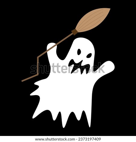 Scary Halloween ghost with broom on black background