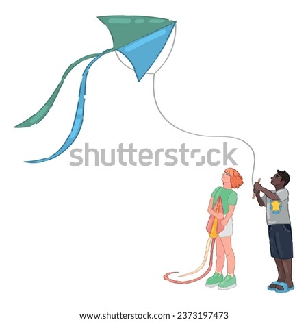 Teenagers flying kite on white background