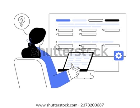 Create test abstract concept vector illustration. Woman creating a test with teaching software, virtual classrooms, online training, data visualizations, degree programs abstract metaphor. Royalty-Free Stock Photo #2373200687