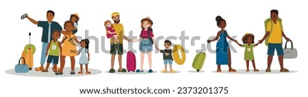 Group of happy families with packed belongings on white backgrou