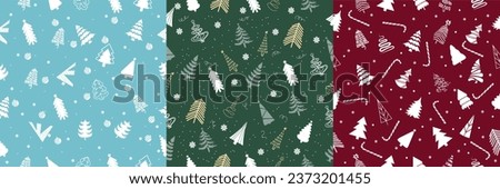 Many Christmas trees and decor on colorful background. Pattern f