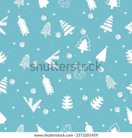 Many Christmas trees and balls on light blue background. Pattern