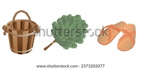 Wooden bucket, oak broom and flip-flops for sauna on white backg