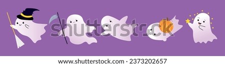 Set of cute ghosts on purple background. Halloween celebration