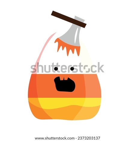 Creepy Halloween corn candy with axe on white background
