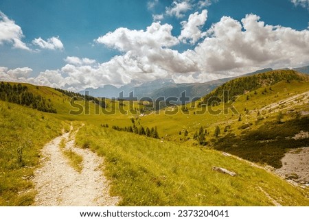Summer time in Dolomites. landscape with hills, clouds, meadow, trees and trail.