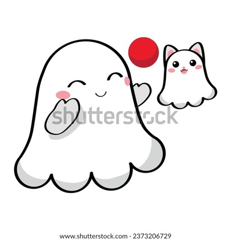 Cute ghosts of owner and cat playing on white background