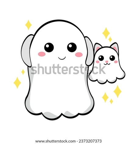 Cute ghosts of owner and cat on white background