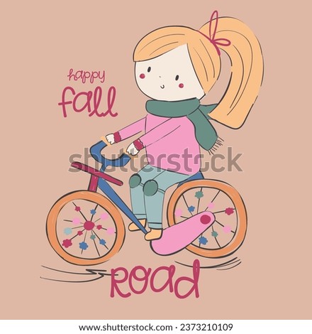 Cute and lovely adorable girl fall autumn mushroom leaf flowers bicycle books glasses girls design for kids market as vector