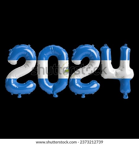3d illustration of letter about new year 2024 with balloons on color Nicaragua flag