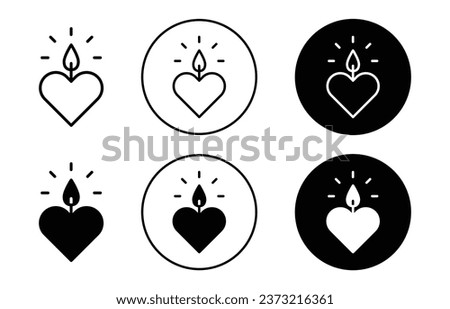Heart candle icon. Romantic valentine day candlelight dinner symbol set. Burning or glowing heart shape candle stick holder vector sign. Love couple celebration with candle flame line logo