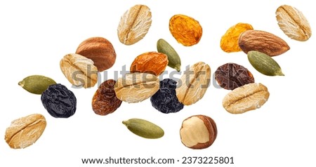 Falling muesli, oat granola isolated on white background Royalty-Free Stock Photo #2373225801