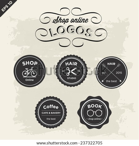 Set labels of Vintage styled design Hipster logos. Vector illustration background. Logo shop on-line