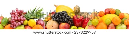 Set of fruits and vegetables isolated on white background. Wide photo. Collage.