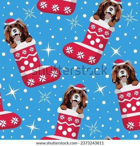 Cocker spaniel Dog Breed Christmas pattern. Dog head in stockings, seamless pattern. Repeatable textile, wrapping paper, blue background, violet color. Winter wallpaper with snowflakes and stockings