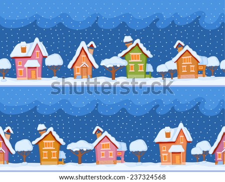 Childish seamless pattern with little snow-covered houses and trees. The evening comes and the snow falls