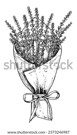 Bouquet of Lavender Flowers in paper with ribbon. Hand drawn black vector illustration on white isolated background for greeting cards or wedding invitations. Line art floral Province drawing.