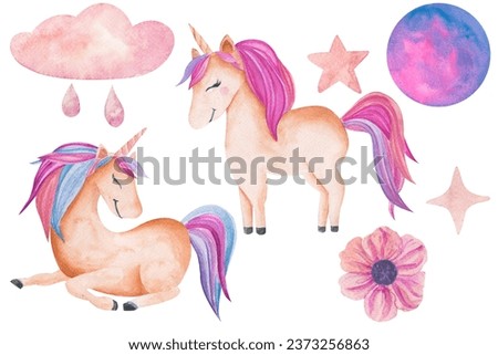Set of watercolor illustration of unicorn, stars, flowers, cloud with raindrops and magic planet isolated on white. Clipart for children's cards, posters, stickers, stickers, children parties