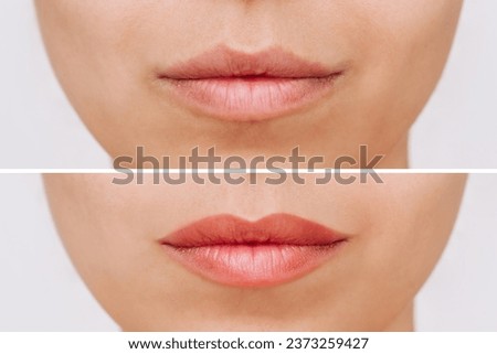 Result of lip tattooing. Young woman's face with lips before and after permanent makeup. Changing brightness and volume. Clear outline. Cosmetology, beauty. Contouring with a lip pencil. Comparison Royalty-Free Stock Photo #2373259427