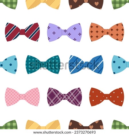 Seamless pattern with bow ties. Colored butterfly ties with different ornaments on white background. Stylish accessory. Vector flat illustration