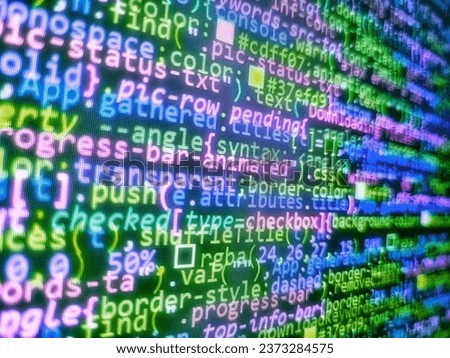 Freeware open source project. Business and AI technology represent learning process. Binary Screen Background, Petya Virus. HTML markup language closeup